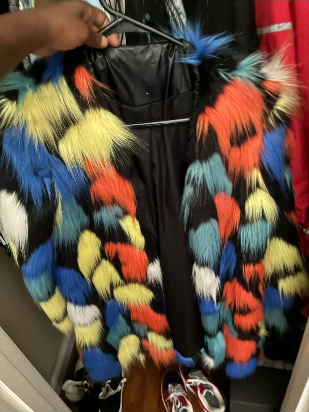 Multicolor Faux Fur Coat - Bold Colorblock Statement Jacket